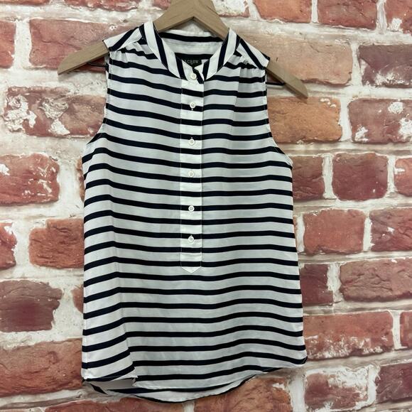 J Crew Top Women's 00 Black White Striped Casual Button Up Popover Shirt - Picture 2 of 8
